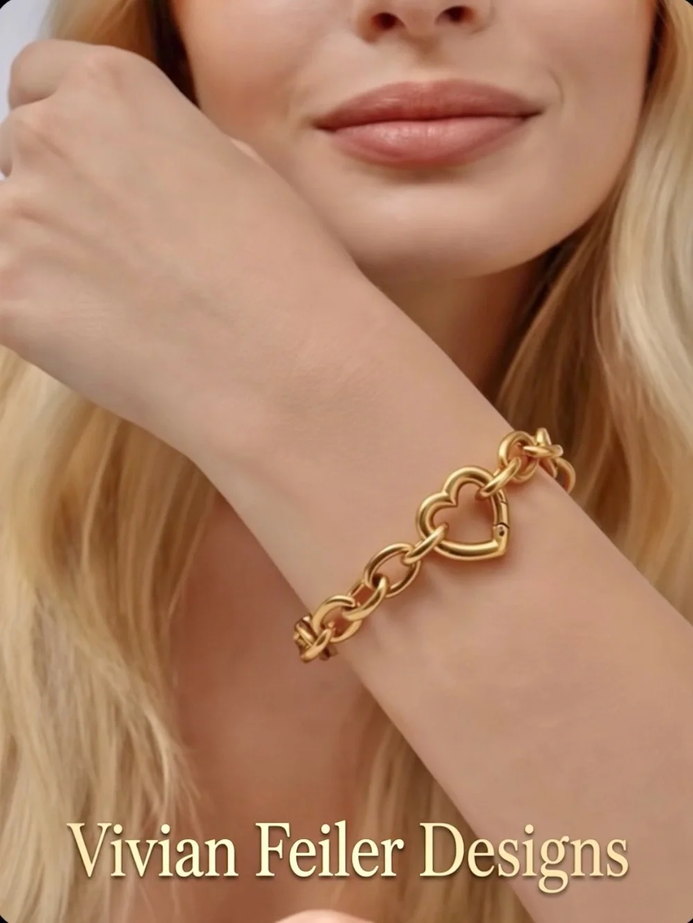Gold Heart Bracelet Carabiner Chunky Chain 18K Gold over Stainless Steel Tiffany
